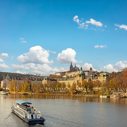 General view of Prague and Hradcany Castle from the Vltava River, Czech Republic.