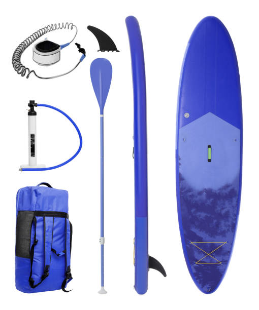 istock SUP board and different equipment for stand up paddle boarding isolated on white, set 1890473695