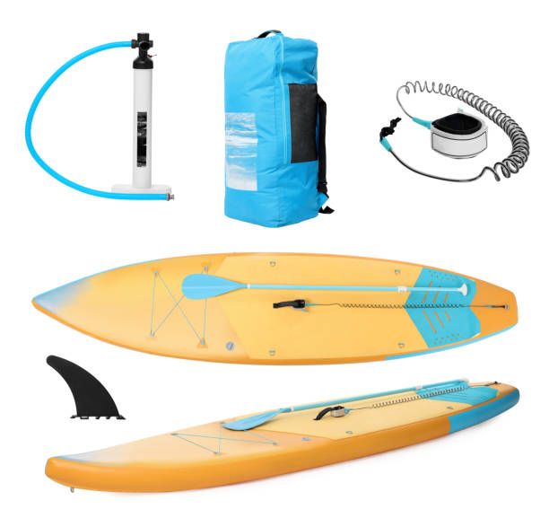 istock SUP board and different equipment for stand up paddle boarding isolated on white, set 1890473696