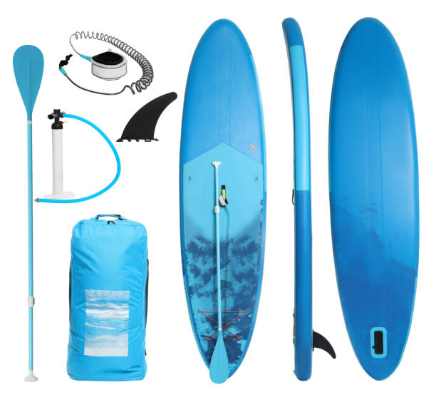 istock SUP board and different equipment for stand up paddle boarding isolated on white, set 1890473698