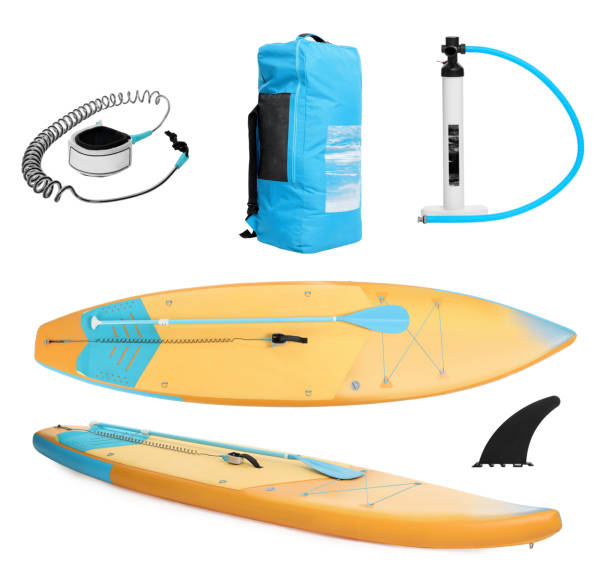istock SUP board and different equipment for stand up paddle boarding isolated on white, set 1890473730