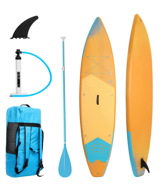 istock SUP board and different equipment for stand up paddle boarding isolated on white, set 1890473732