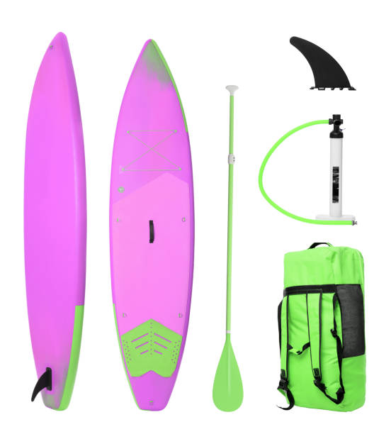 istock SUP board and different equipment for stand up paddle boarding isolated on white, set 1890473733