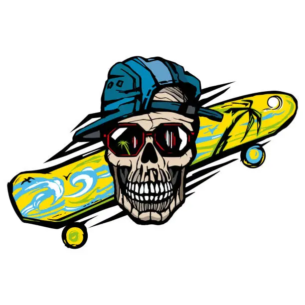 Vector illustration of Skateboarder skull with crossed skateboards. Design element for logo, label sign, poster, t shirt. Vector illustration