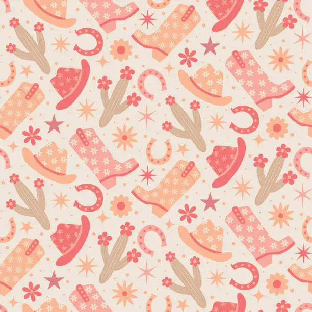 Vector illustration of Groovy cowgirl boots , hats ,cactus and  horseshoe seamless pattern in peach fuzz, orange and pink with retro flowers and stars.