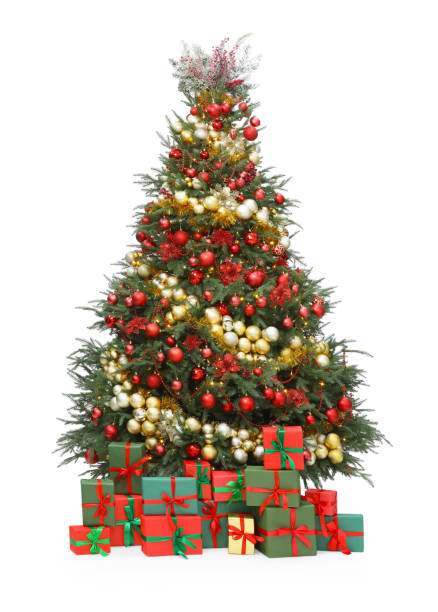 istock Beautiful Christmas tree and gift boxes isolated on white 1890502591
