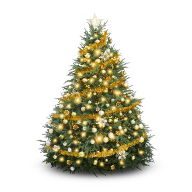 istock Christmas tree decorated with ornaments and festive lights isolated on white 1890504611
