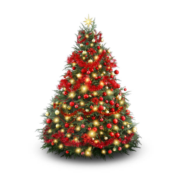 Christmas tree decorated with ornaments and festive lights isolated on white