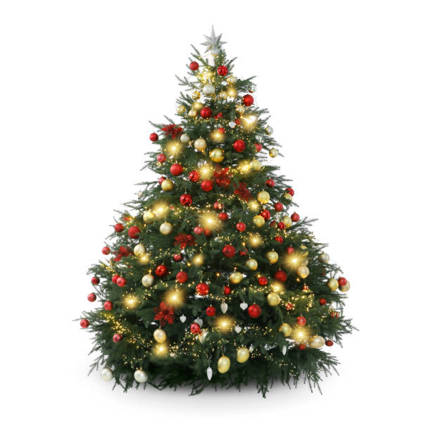 istock Christmas tree decorated with ornaments and festive lights isolated on white 1890504625