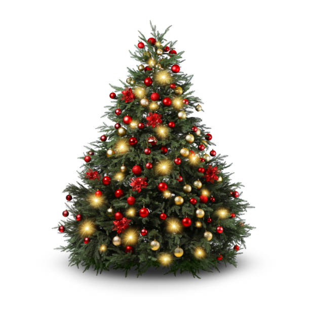 istock Christmas tree decorated with ornaments and festive lights isolated on white 1890504627