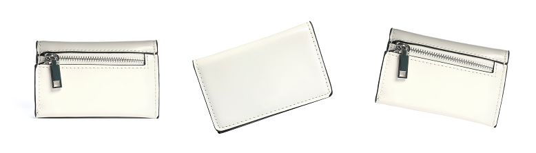 Stylish leather wallet isolated on white, set