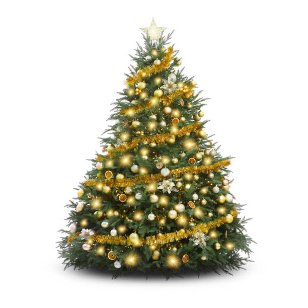 istock Christmas tree decorated with ornaments and festive lights isolated on white 1890506158