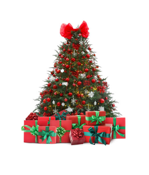 istock Beautiful Christmas tree with many gift boxes under on white background 1890506670