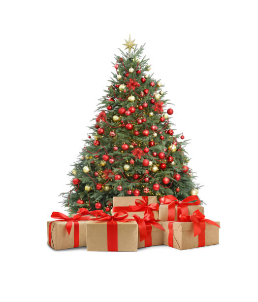 istock Beautiful Christmas tree with many gift boxes under on white background 1890506672