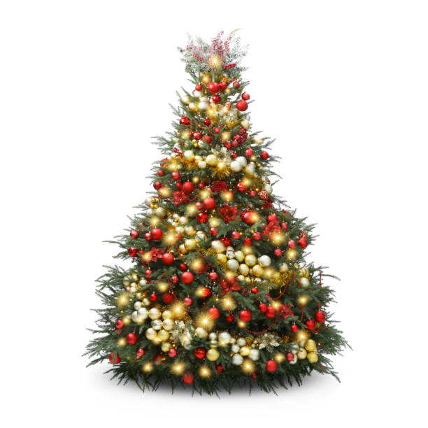 istock Christmas tree decorated with ornaments and festive lights isolated on white 1890508770