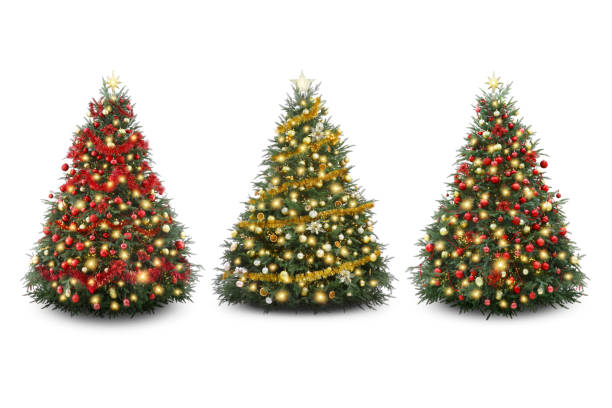 istock Christmas trees decorated with ornaments and festive lights isolated on white, set 1890508776