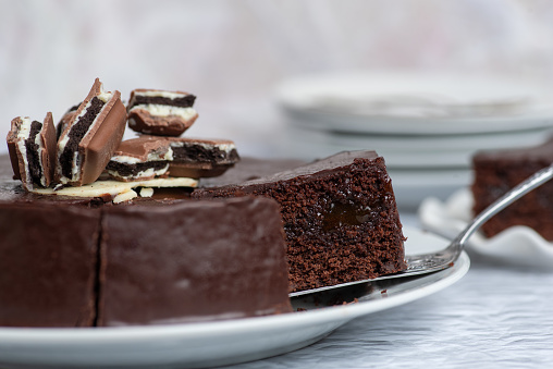 Homemade cake with several types of chocolate, soft chocolate crust, chocolate cream and topping. On elegant light background