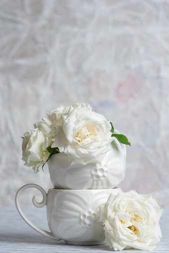 White cup of coffee and twig with roses flowers on white background