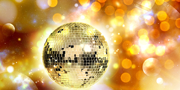 Shiny disco ball under golden lights, banner design. Bokeh effect