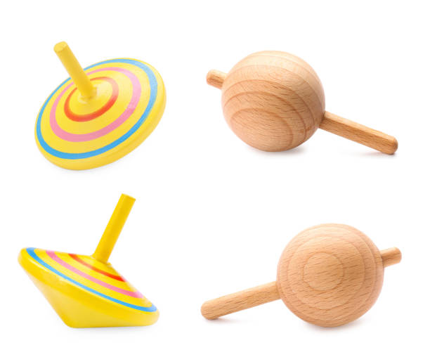 istock Different spinning tops isolated on white. Toy whirligig 1890520191