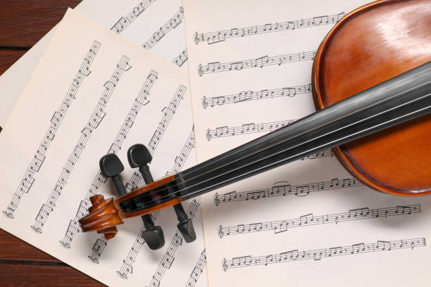 istock Violin and music sheets on wooden table, top view 1890522276
