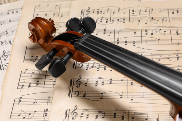 istock Classic violin on music sheets, closeup view 1890523316