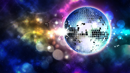 Shiny disco ball against color starry background with blurred lights, banner design and space for text. Bokeh effect