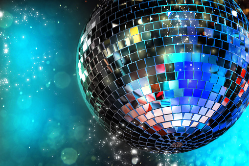 Shiny disco ball on dark cyan background with blurred lights, space for text. Bokeh effect