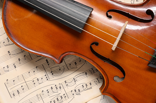 Classic violin on music sheets, top view
