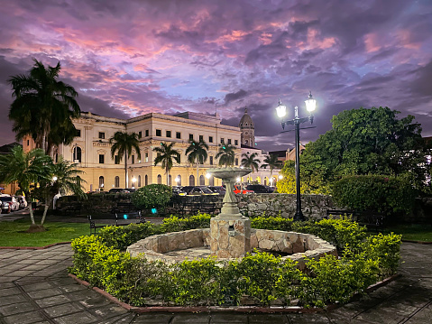 Stunning architecture of National Theatre of Panama under colorful evening sky