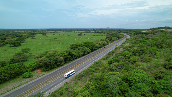 AERIAL: Scenic view of Panam Highway leading through tropical Panama countryside. Bus and cars driving along the longest driveable road in the world. Beautiful green landscape surrounding asphalt road