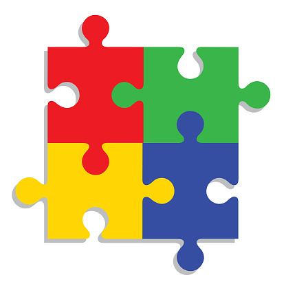 Vector illustration of a colorful four pice puzzle with a shadow.