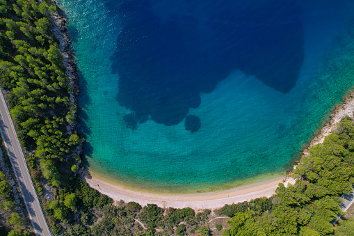 AERIAL TOP DOWN: Stunning crystal clear blue and turquoise water in a small cove. Picturesque little sea bays scattered along a rocky coast and surrounded by pine forest on islands in Adriatic Sea.