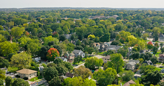 Aerial shot of Waukesha in Waukesha County, Wisconsin, on a clear day in Fall.\n\nAuthorization was obtained from the FAA for this operation in restricted airspace.