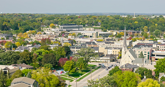 Aerial shot of Waukesha in Waukesha County, Wisconsin, on a clear day in Fall.\n\nAuthorization was obtained from the FAA for this operation in restricted airspace.