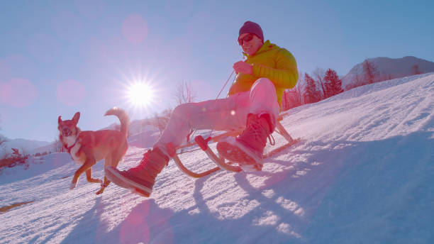 istock CLOSE UP, LENS FLARE: Cheerful man sledding and brown dog running by his side 1890647702