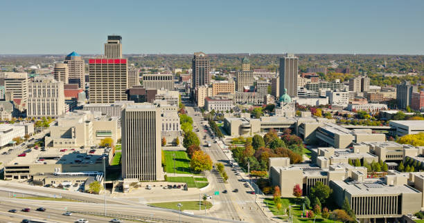 Drone View of Downtown Dayton, Ohio on Clear, Fall Day Aerial still of downtown Dayton, Ohio on a clear day in Fall. dayton ohio skyline stock pictures, royalty-free photos & images