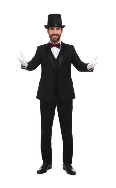istock Happy magician in top hat on white background 1890656800