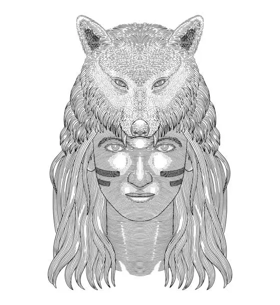 Vector illustration of Man with mask of a wolf, Vintage engraving drawing style illustration