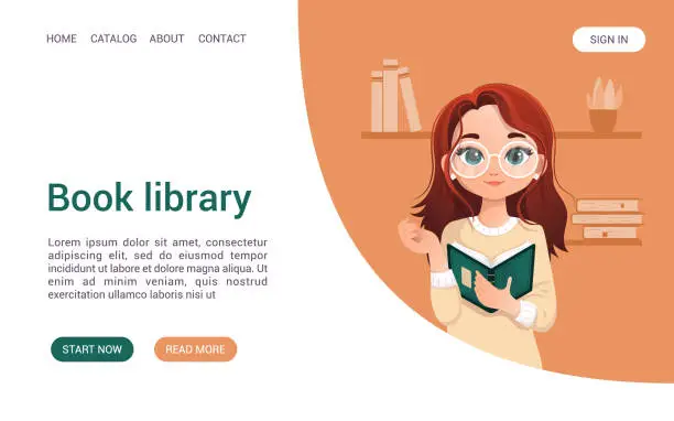 Vector illustration of Landing page for Book library, bookstore, e-book, education. A nerdy girl with glasses and a book in her hands, a librarian's look. Design template for a library, education theme. Apricot Crush and white color.