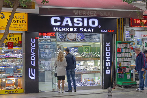 Istanbul, Turkey - October 18, 2023: Merkez Saat Watch Shop Casio Brand From Japan at Hamidiye Street in Old Town.