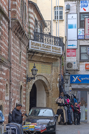 Istanbul, Turkey - October 18, 2023: Istanbul Commodity Mercantile Exchange Building Borsa 150 Years Old at Zahire Borsasi Street Fatih.