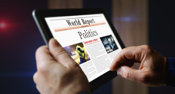 Politics daily newspaper reading on mobile tablet computer screen. Man touch screen with headlines news abstract concept 3d illustration.