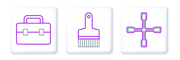Set line Wheel wrench Toolbox and Paint brush icon. Vector.