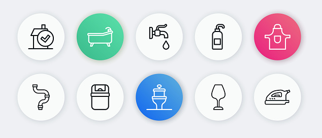 Set line Toilet bowl Kitchen apron Industry metallic pipe Wine glass Antibacterial soap Water tap Electric iron and Trash can icon. Vector.