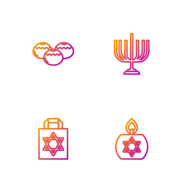 Set line Burning candle, Shopping bag with star of david, Jewish sweet bakery and Hanukkah menorah. Gradient color icons. Vector Set line Burning candle, Shopping bag with star of david, Jewish sweet bakery and Hanukkah menorah. Gradient color icons. Vector. hanukkah shopping stock illustrations