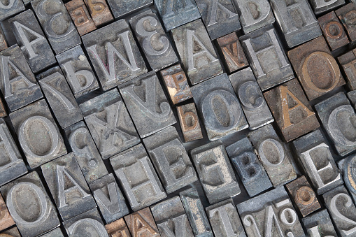 Antique vintage movable type alphabet set background.