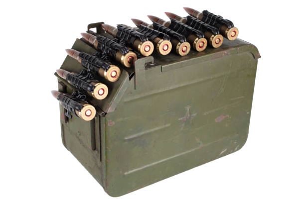 istock Ammo box with ammunition belt and 12.7mm cartridges for heavy machine gun. 1890790092