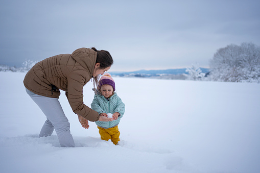 Happy childhood. Family time in winter.