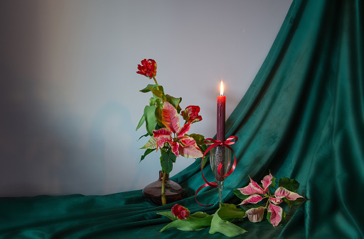 christmas decoration with red tulips, poinsettia and burning candles